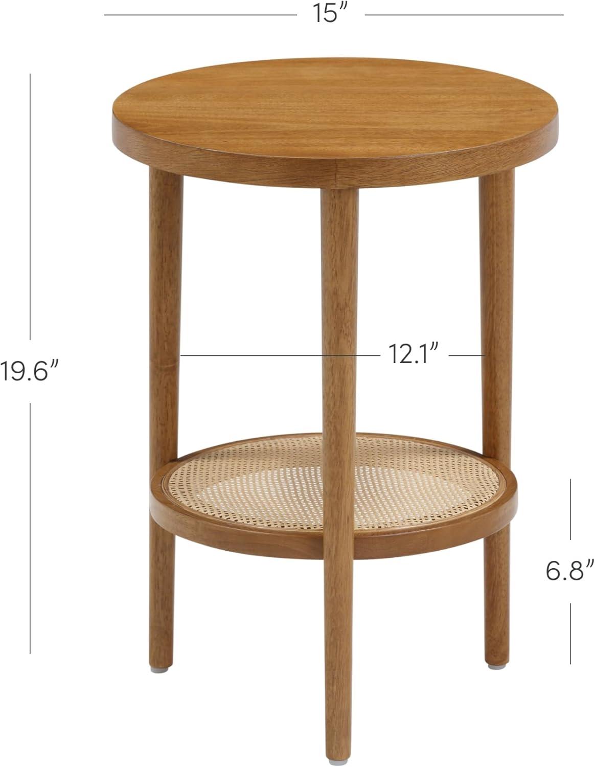 Nathan James Sonia Boho Round Wood Side Table with Storage, Natural Sofa Side Table in Honey Brown with Rattan Storage Shelf for Living Room, Bedroom or Nursery