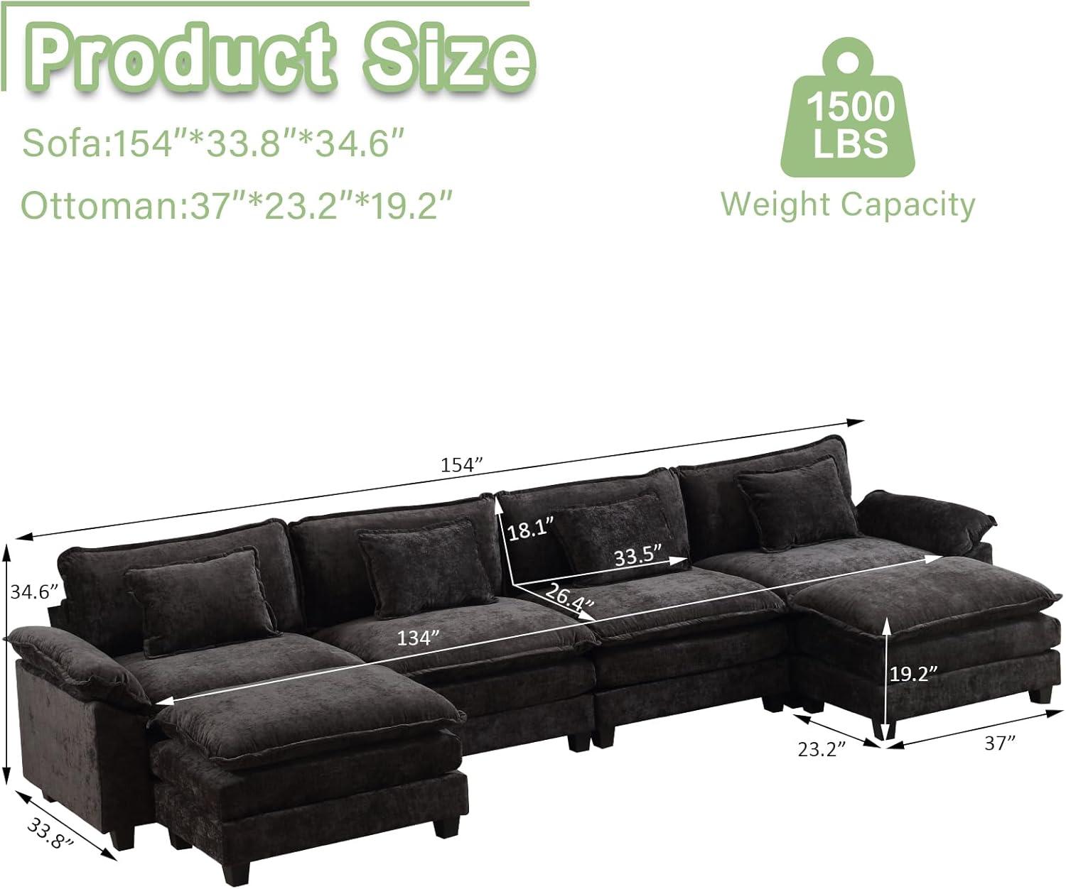 Carbaugh 154" Oversized U Shaped Sectional Sofa, Comfy Cloud Couch Deep Sectional Sofa with Ottomans for Living Room