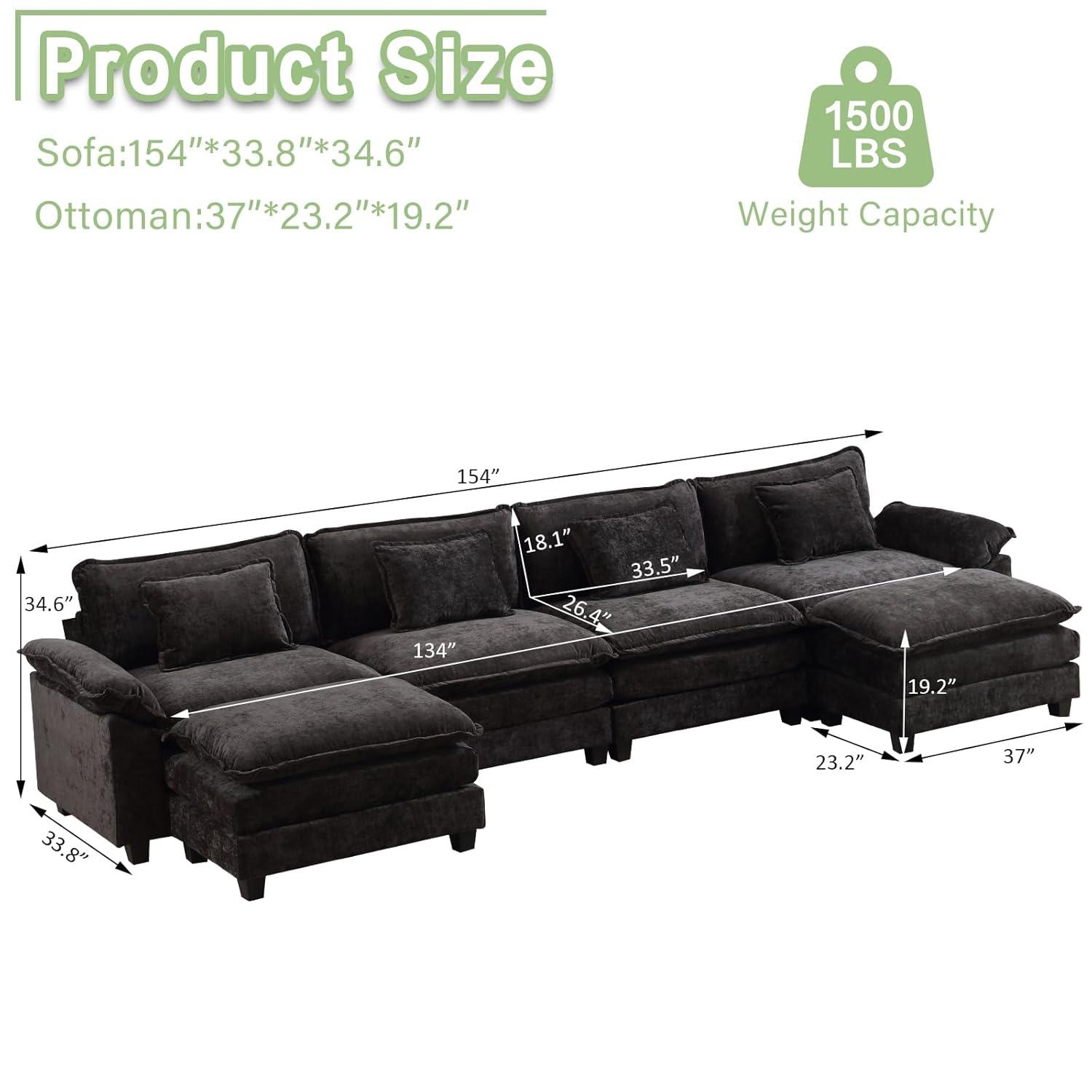 Carbaugh 154" Oversized U Shaped Sectional Sofa, Comfy Cloud Couch Deep Sectional Sofa with Ottomans for Living Room