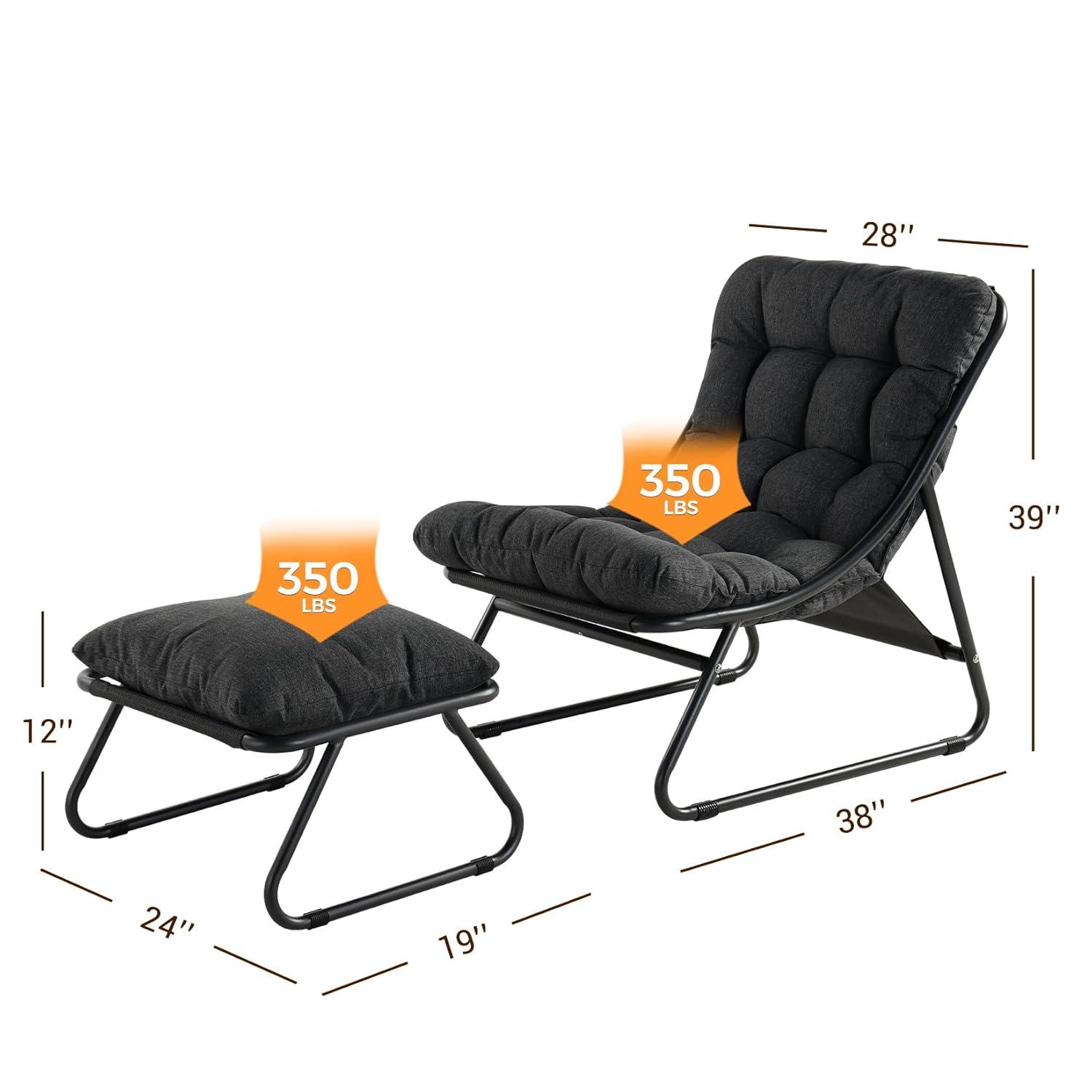 Grand Patio Outdoor Lounge Chair with Ottoman, Comfy Sling Recliner Chair with Puffy Cushion, Samba Modern Steel Patio Furniture Set for Porch Deck Garden Living Room, Champagne Gray