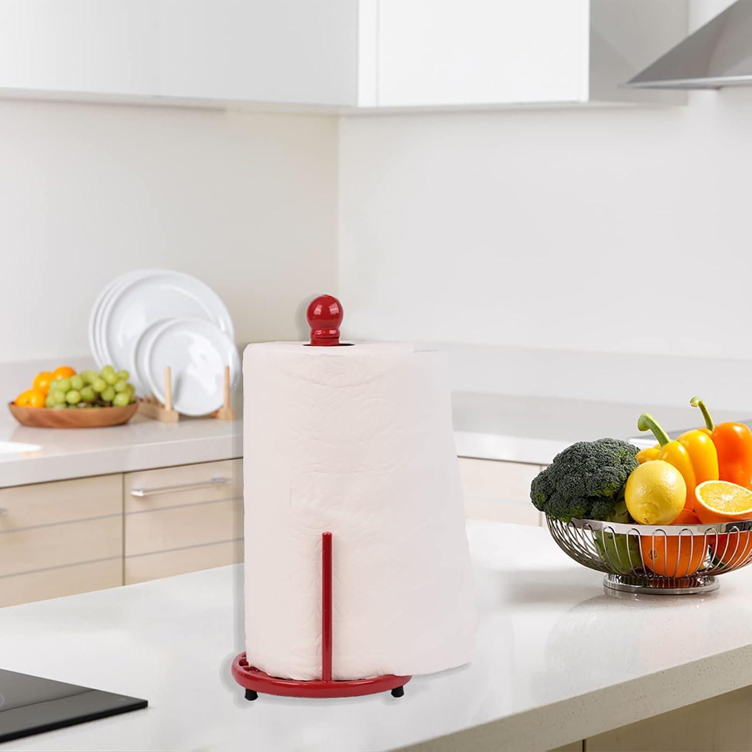 Vintage Paper Towel Holder Countertop - Cast Iron Standing Roll Paper Towel Dispenser with Elegant and Heavy Daffodil Pattern Base for Kitchen Décor, Red