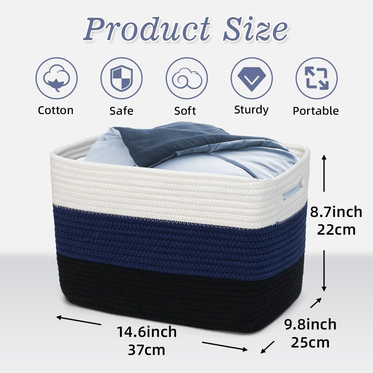 KOUROUU 3 Pack Cotton Rope Storage Basket Woven Shelf Storage Bin with Faux Leather Handles, Decorative Closet Shelf Woven Basket for Storage Organizers, 15 x 10 x 9, White/Gray