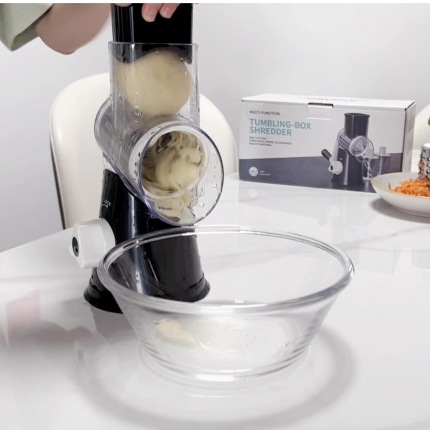 Rotary Cheese Grater Cheese Shredder - Kitchen Manual Cheese Grater with Handle Vegetable Slicer Nuts Grinder 3 Replaceable Drum Blades and Strong Suction Base Free Cleaning Brush