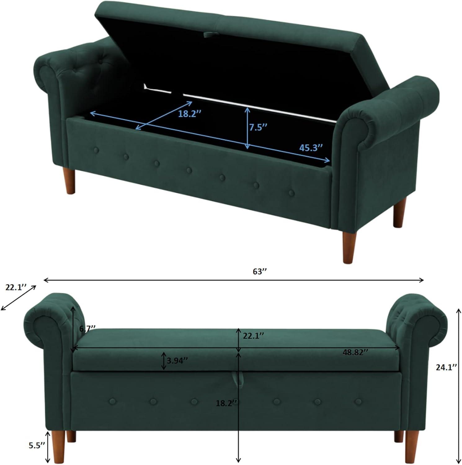 Olive Green Linen Rolled Arm Storage Bench with Wood Legs