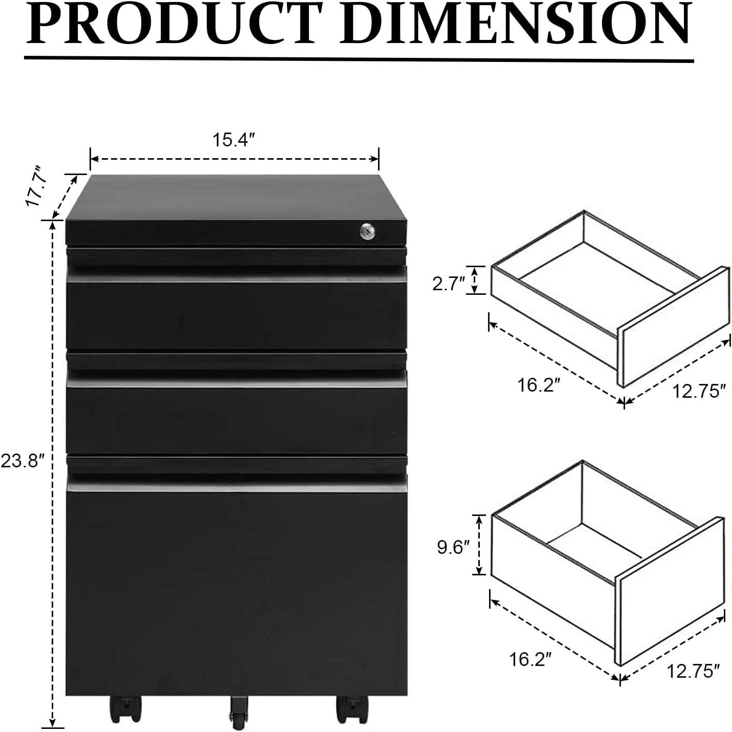 3 Drawer Filing Cabinet, File Cabinets for Home Office, Locking File Cabinet for A4-Size/Letter-Size/Legal-Size,Black