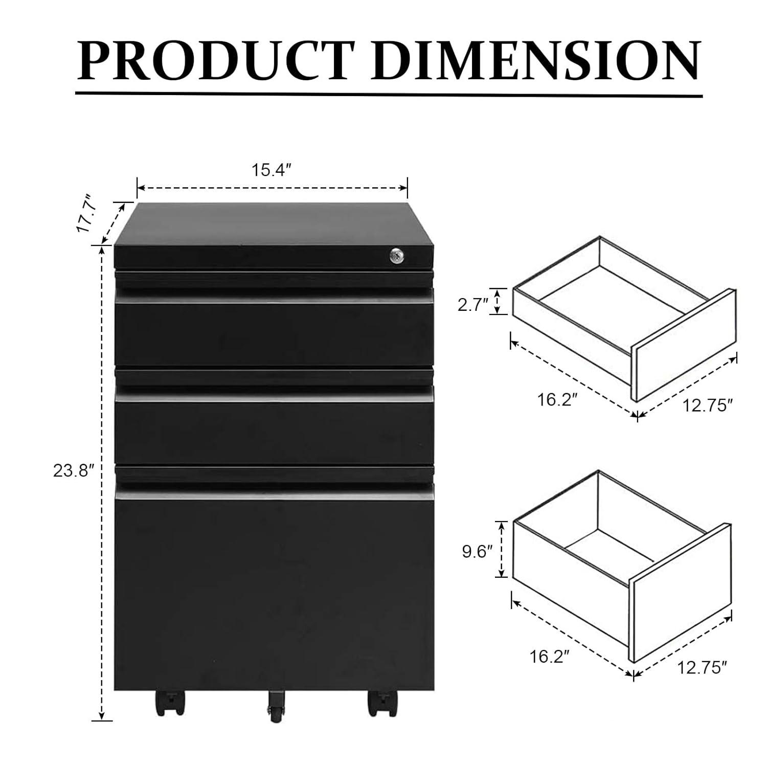MIIIKO File Cabinet 3 Drawers on Wheels Under Desk, Black Metal Rolling File Cabinets with Lock for Home Office, Un-Assembled Filing Cabinet with Lock