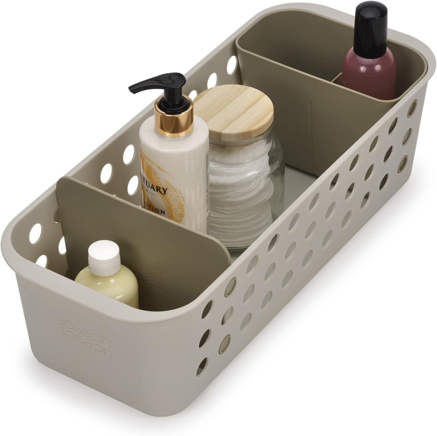 Compact Ecru Plastic Bathroom Storage Basket with Divider