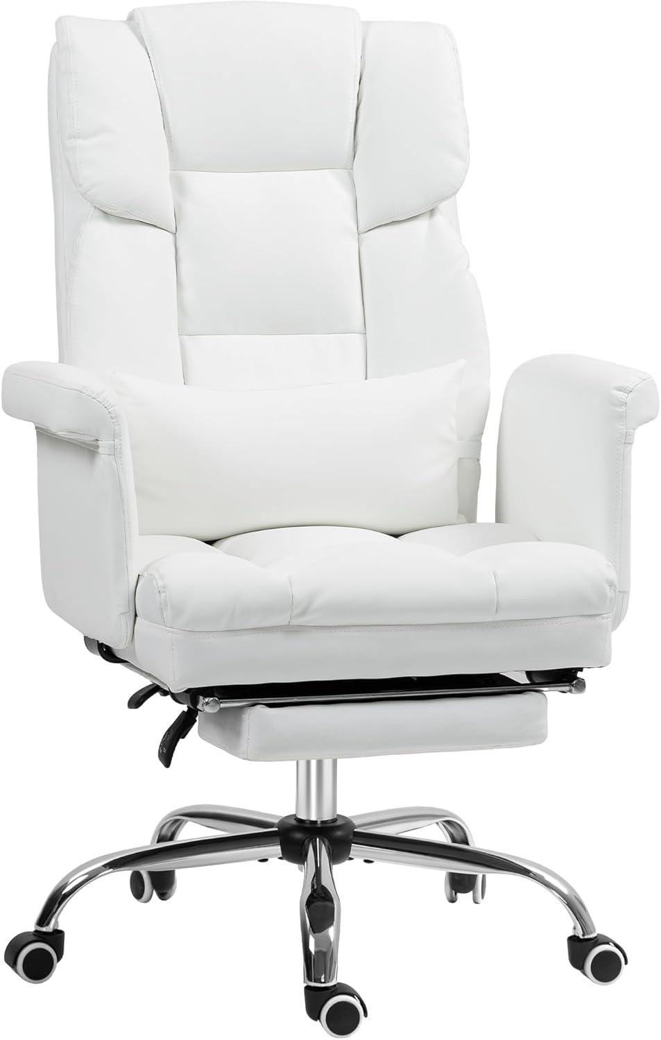 HOMCOM Executive Office Chair with Footrest and Lumbar Support, PU Leather Office Desk Chair, Ergonomic, Reclining and Swivel Chair, White