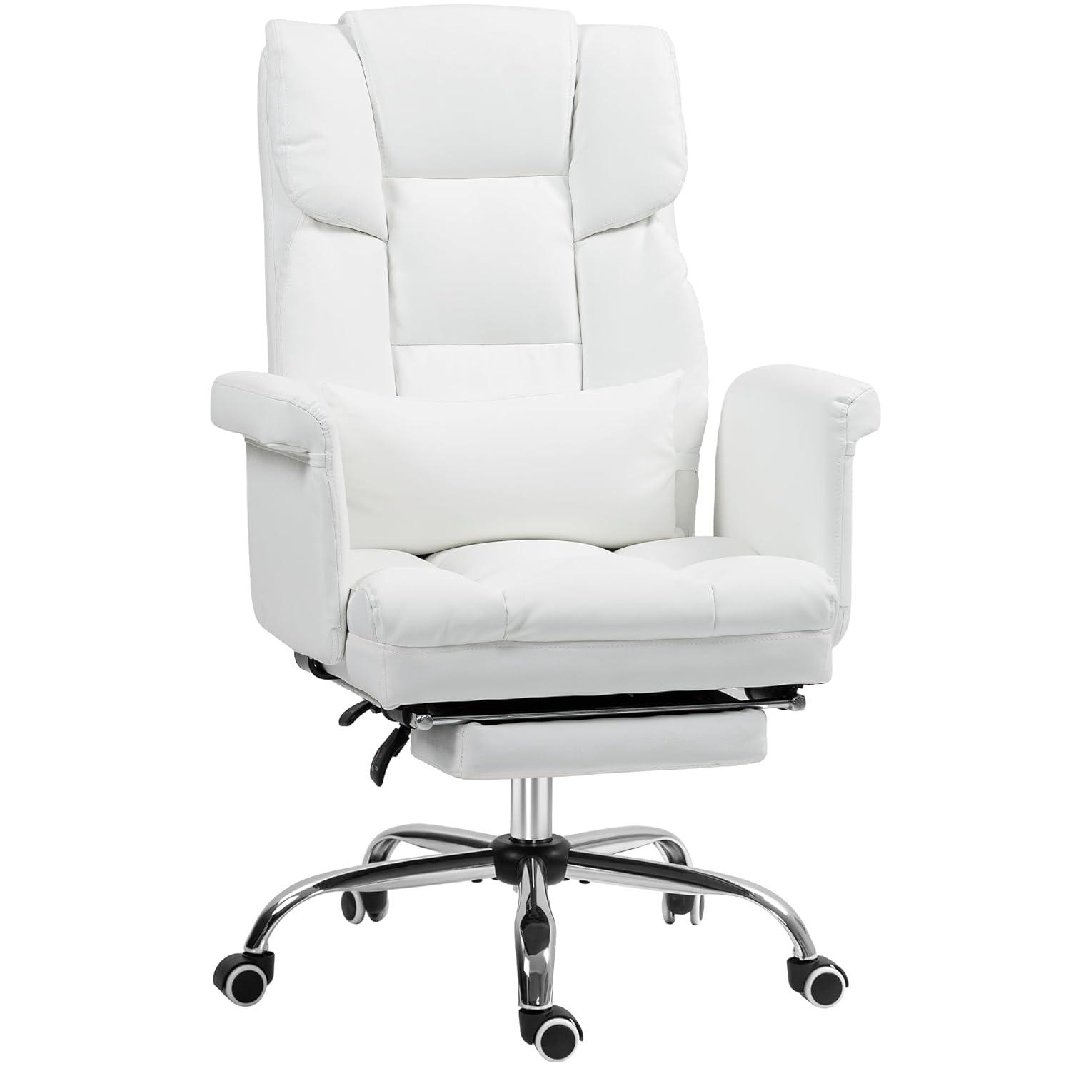 HOMCOM Executive Office Chair with Footrest and Lumbar Support, PU Leather Office Desk Chair, Ergonomic, Reclining and Swivel Chair, White