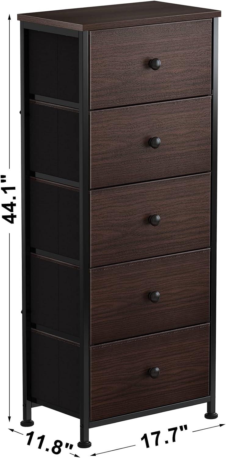 GUNAITO Dressers for Bedroom 5 Drawers Tall Dresser for Bedroom Faux Leather Chest of Drawers Wooden Top Fabric Drawer Rustic Brown RZP5R1