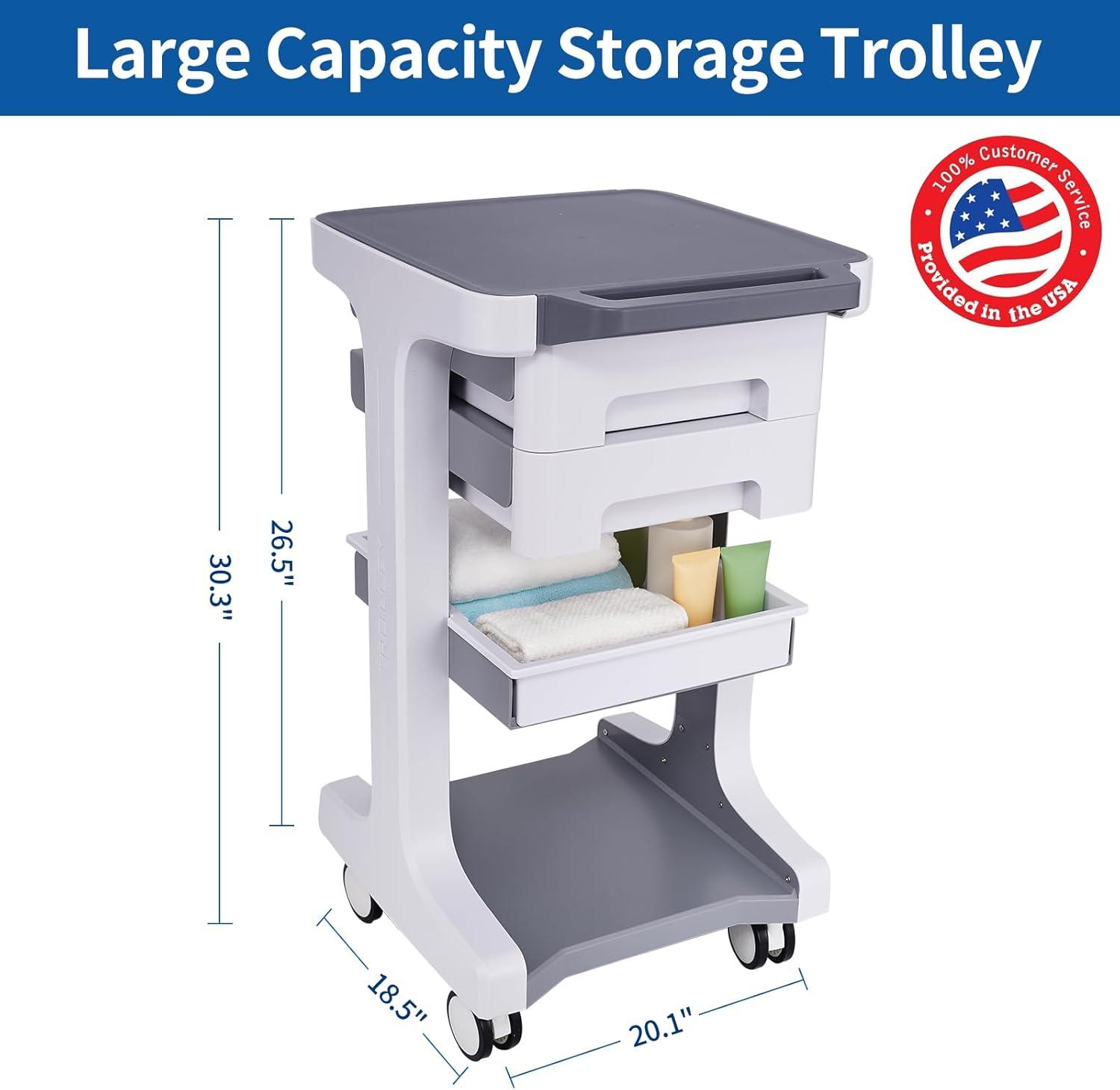 Professional-Grade 3-Tier 2-Drawer Utility Cart on Wheels - Trolley Cart 3-Tier 2 Drawers & Utility Desk - Mobile Storage Cart, Cavitation Machine, Salon Supplies - Max 50kg/110lb Load