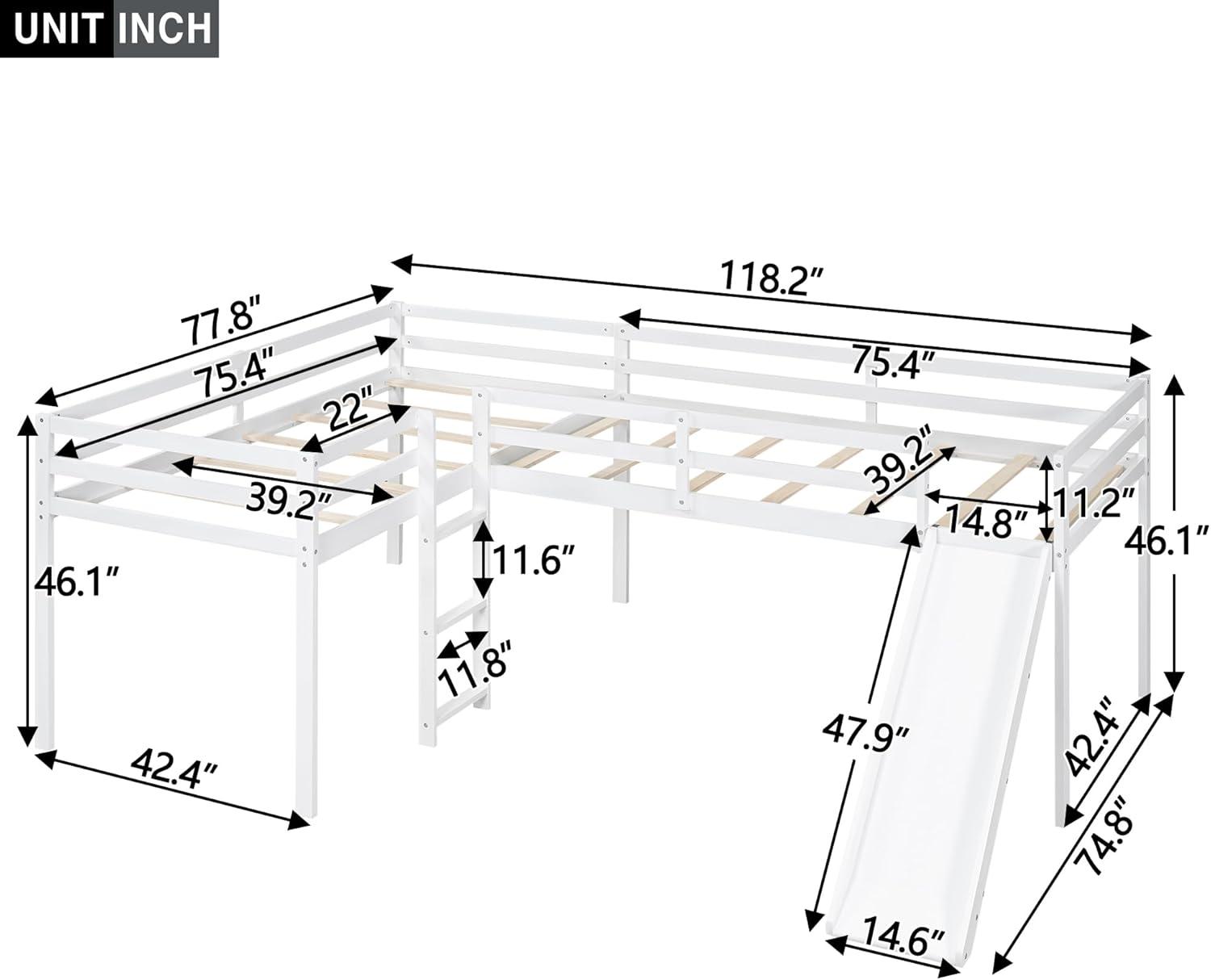 Two Loft Bed L Shaped Twin Bunk Bed with Ladders and Slide, Bunk Bed for Family, Kids, Teens, No Box Spring Needed