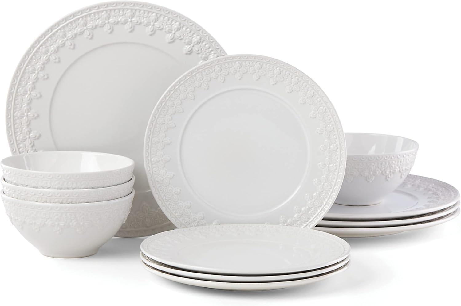 White Ceramic 12-Piece Dinnerware Set with Variegated Glaze