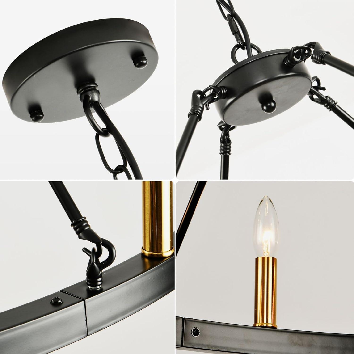 6-Light Black and Gold Chandelier, Farmhouse Wagon Wheel Chandelier, Round Chandeliers for Dining Room, Rustic Kitchen Island Iight Fixtures, Dining Room Light Fixtures Over Table