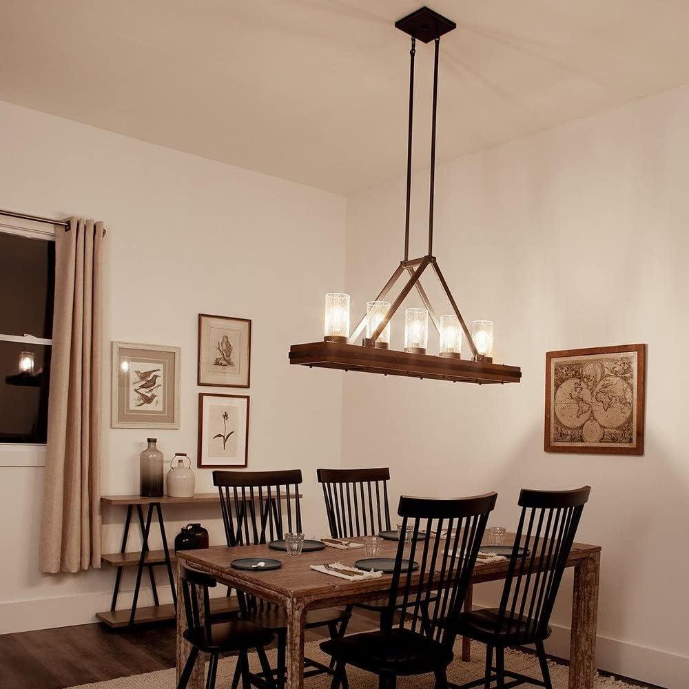 Auburn Stained Wood and Bronze 5-Light Linear Chandelier