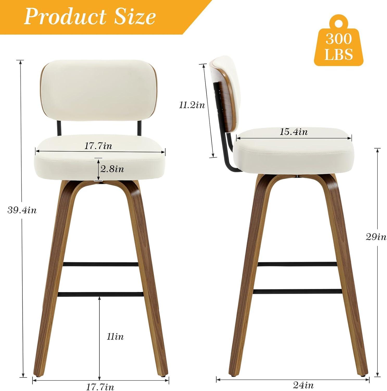 Lucky Monet 26"/29" Swivel Bar Stools/ Counter Stools with Bentwood Legs Set of 2 - Cream White-PU Back - Bar Height
