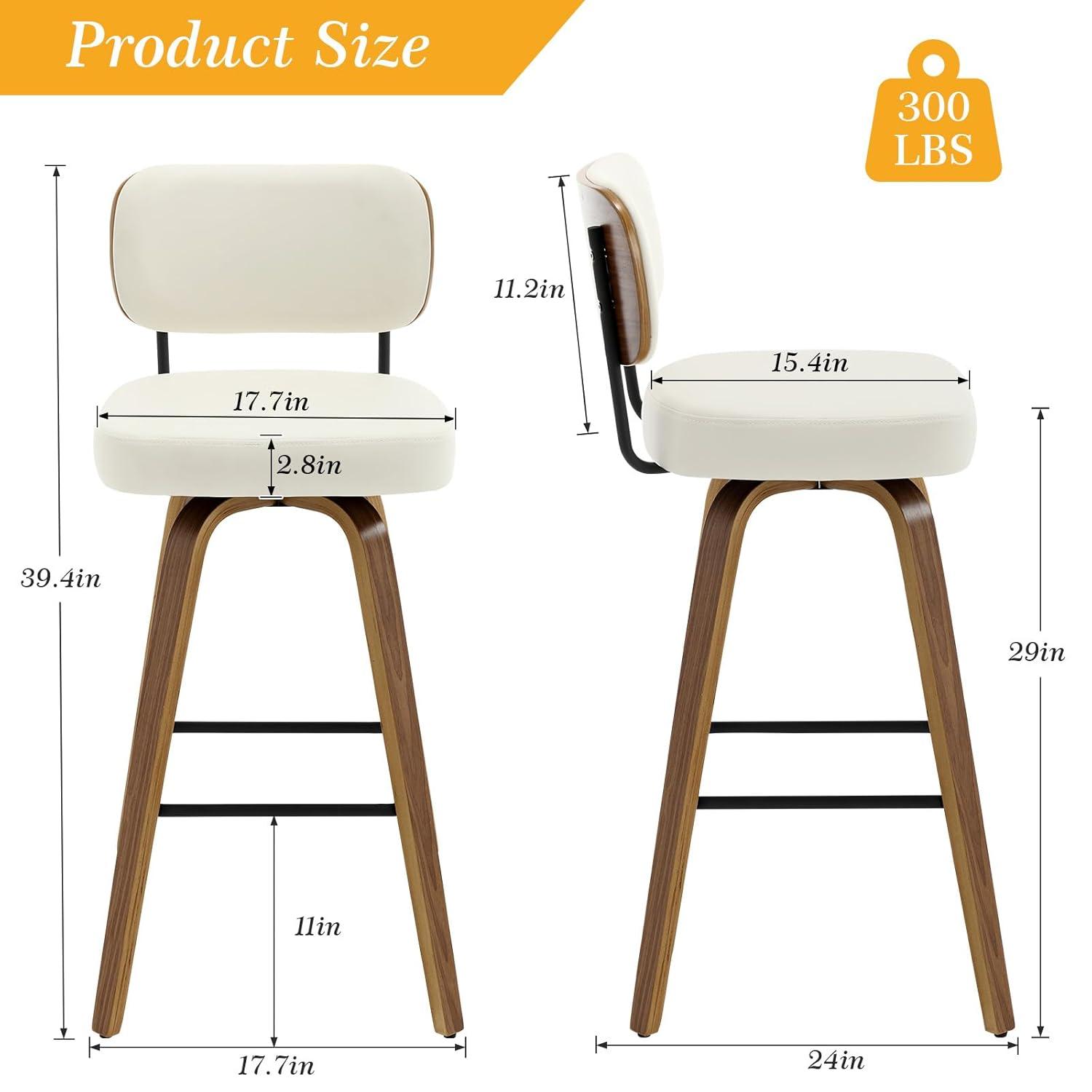 Lucky Monet 26"/29" Swivel Bar Stools/ Counter Stools with Bentwood Legs Set of 2 - Cream White-PU Back - Bar Height