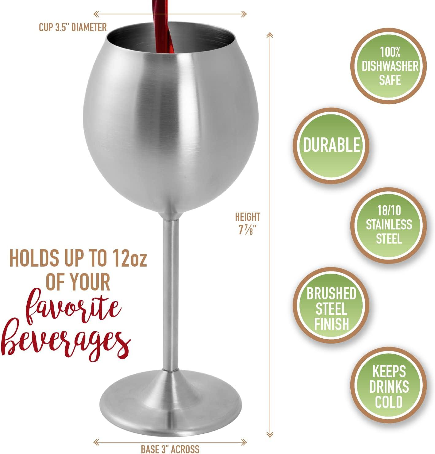 D'Eco Unbreakable 12 Oz Stainless Steel Wine Glasses (8 Pack) Large Stemmed Matte Silver Wine Goblets - Reusable Drinkware - Great Mother's Day Gift