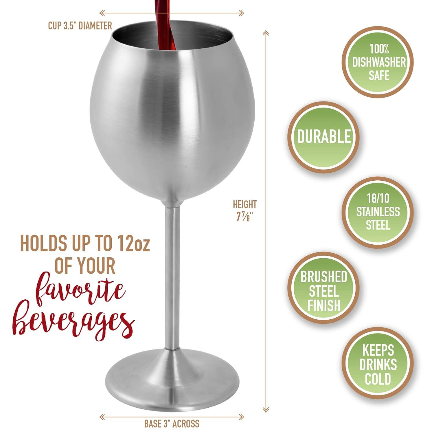 D'Eco Unbreakable 12 Oz Stainless Steel Wine Glasses (8 Pack) Large Stemmed Matte Silver Wine Goblets - Reusable Drinkware - Great Mother's Day Gift