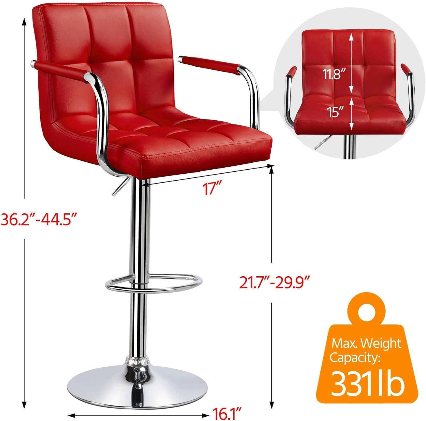 Killeryuki Tall Bar Stools Set of 2 Modern Square PU Leather Adjustable BarStools Counter Height Stools with Arms and Back Bar Chairs 360° Swivel Stool, Red