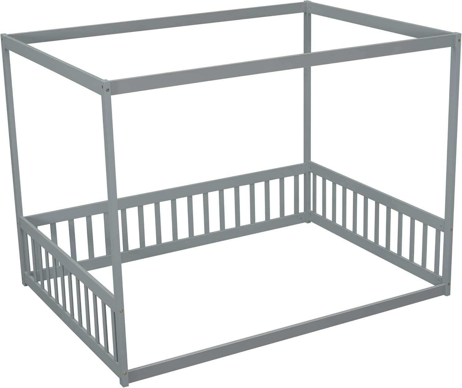 Canopy Frame Twin Size Floor Bed for Kids Bedroom,Wood Bed Frame with Fence for Boys/Girls/Teens,No Box Spring Needed,Natural