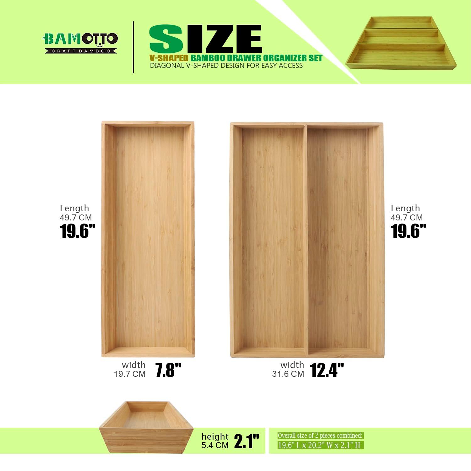 2-Piece V-Shaped Bamboo Drawer Organizer - Ideal for Kitchen's Large Long Tableware, Cooking Utensils, Flatware, Silverware - Wood Storage Box for Home, Bedroom, Bathroom (19.6"x12.4" & 19.6"x7.8")