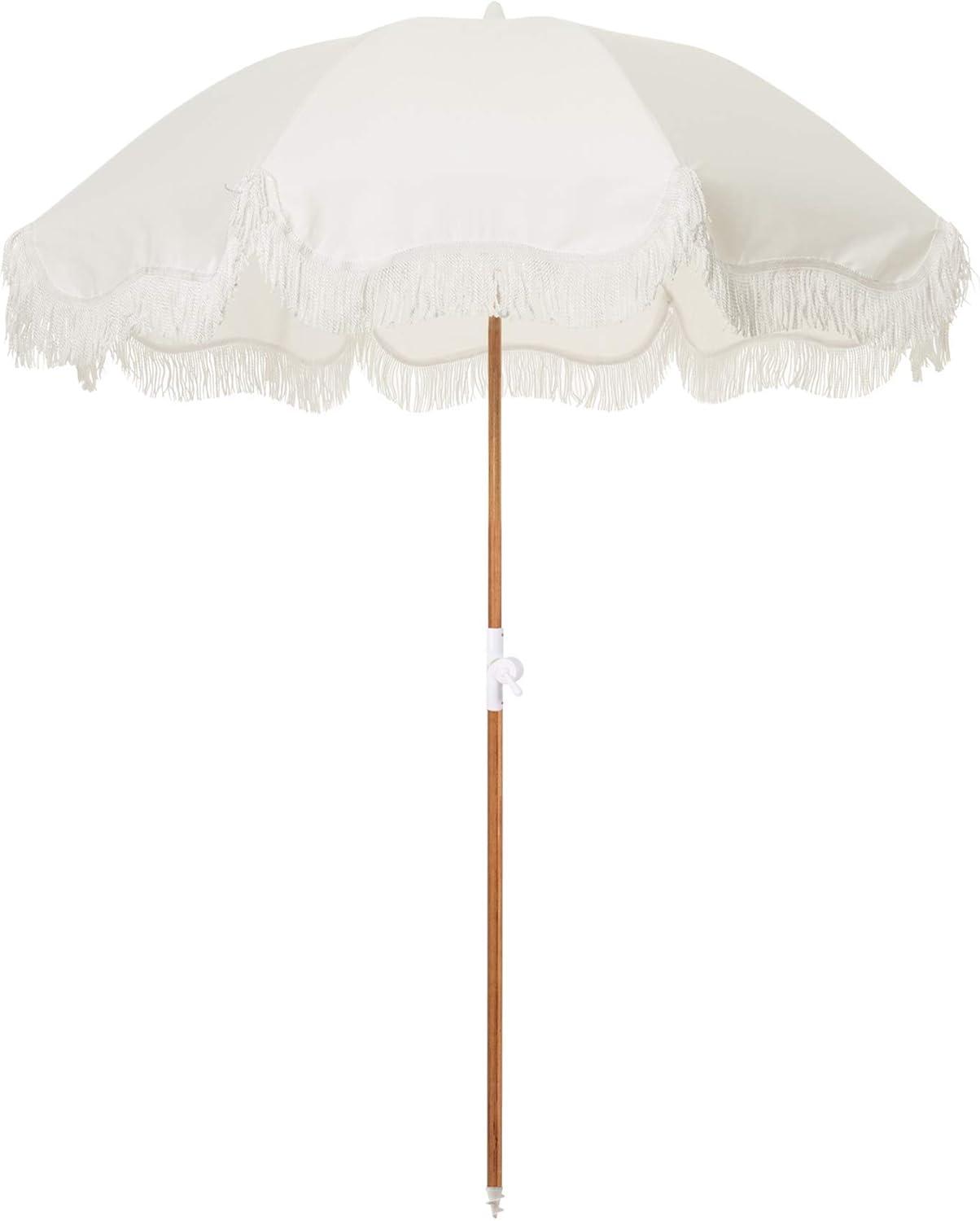 Antique White Round Beach Umbrella with Fringe and Wood Pole