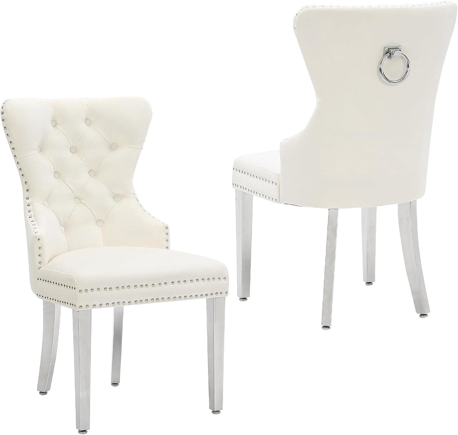 VICBARLEY Velvet Dining Chair Set of 2 Upholstered Tufted Dining Room Chair with Nailhead Trim and Stainless Steel Silver Plated Legs for Kitchen, Restaurant, Beige