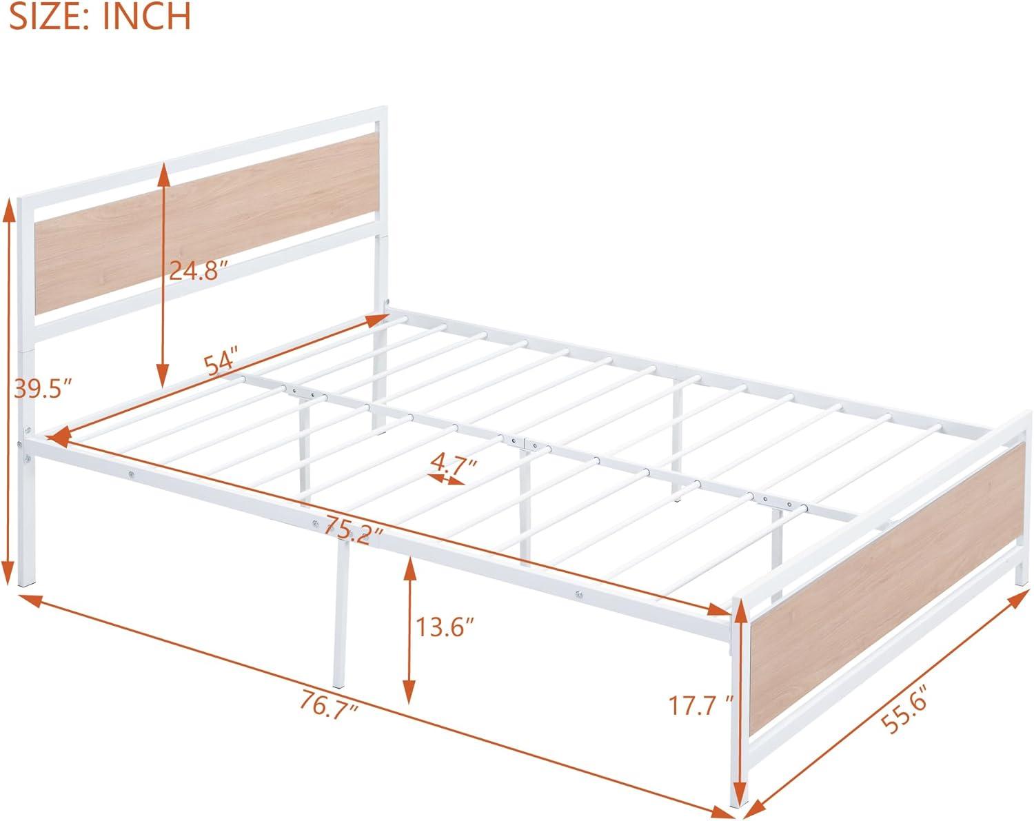 Full Size White Metal and Oak Platform Bed with Headboard