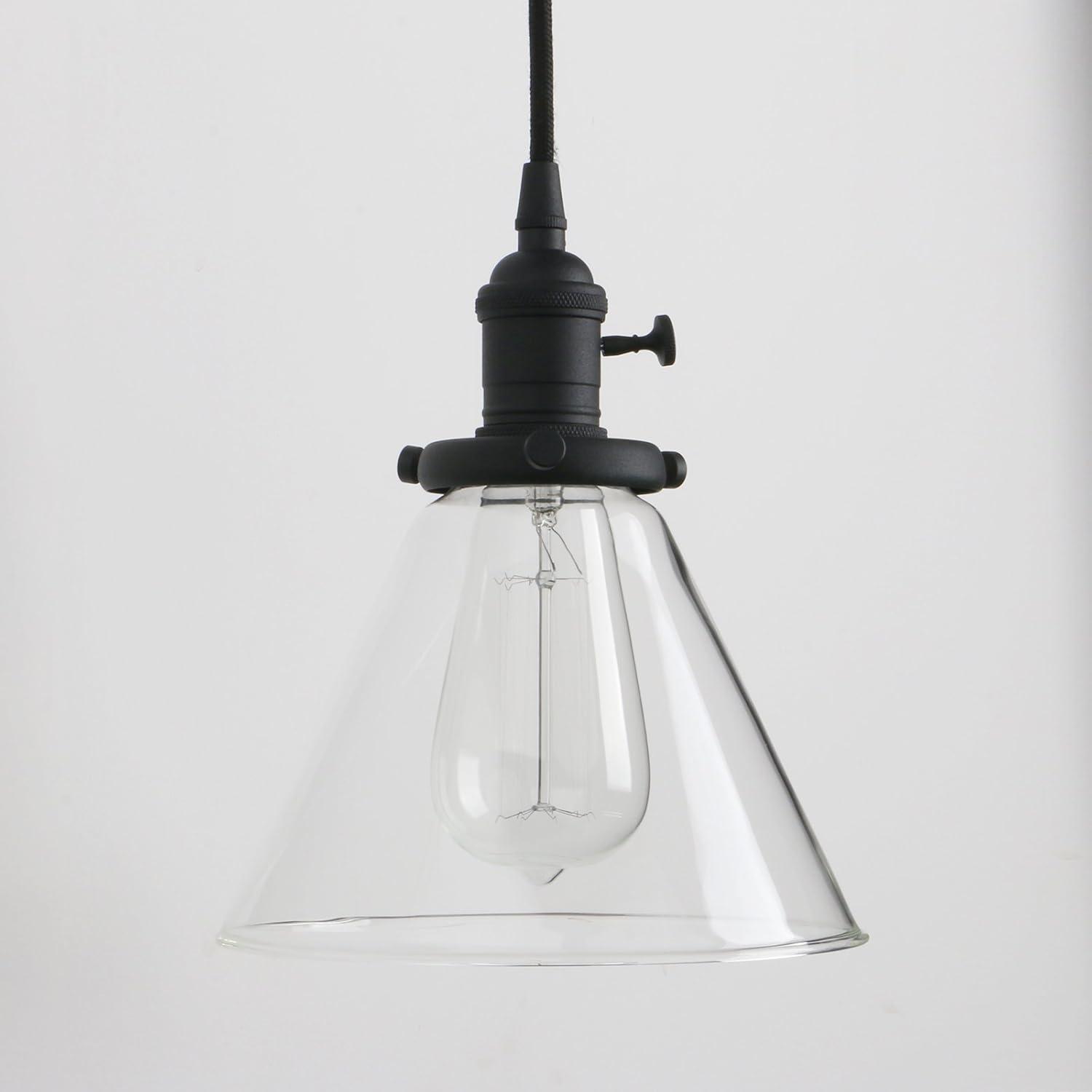 PERMO Vintage Rustic Industrial 3-Lights Kitchen Island Chandelier Triple 3 Heads Pendant Hanging Ceiling Lighting Fixture with Funnel Flared Clear Glass Shade (Black)