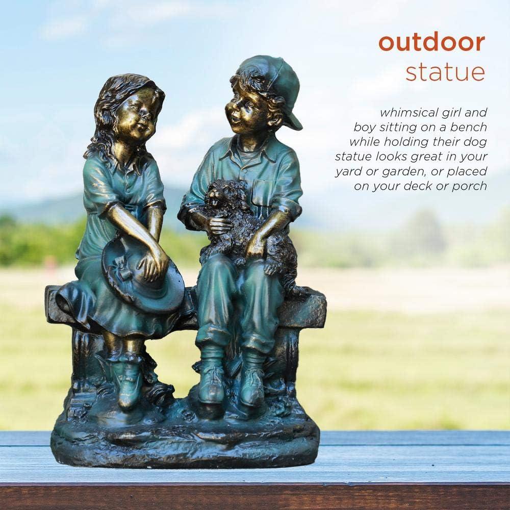 16" Polyresin Girl and Boy with Dog Sitting on Bench Sculpture Bronze - Alpine Corporation