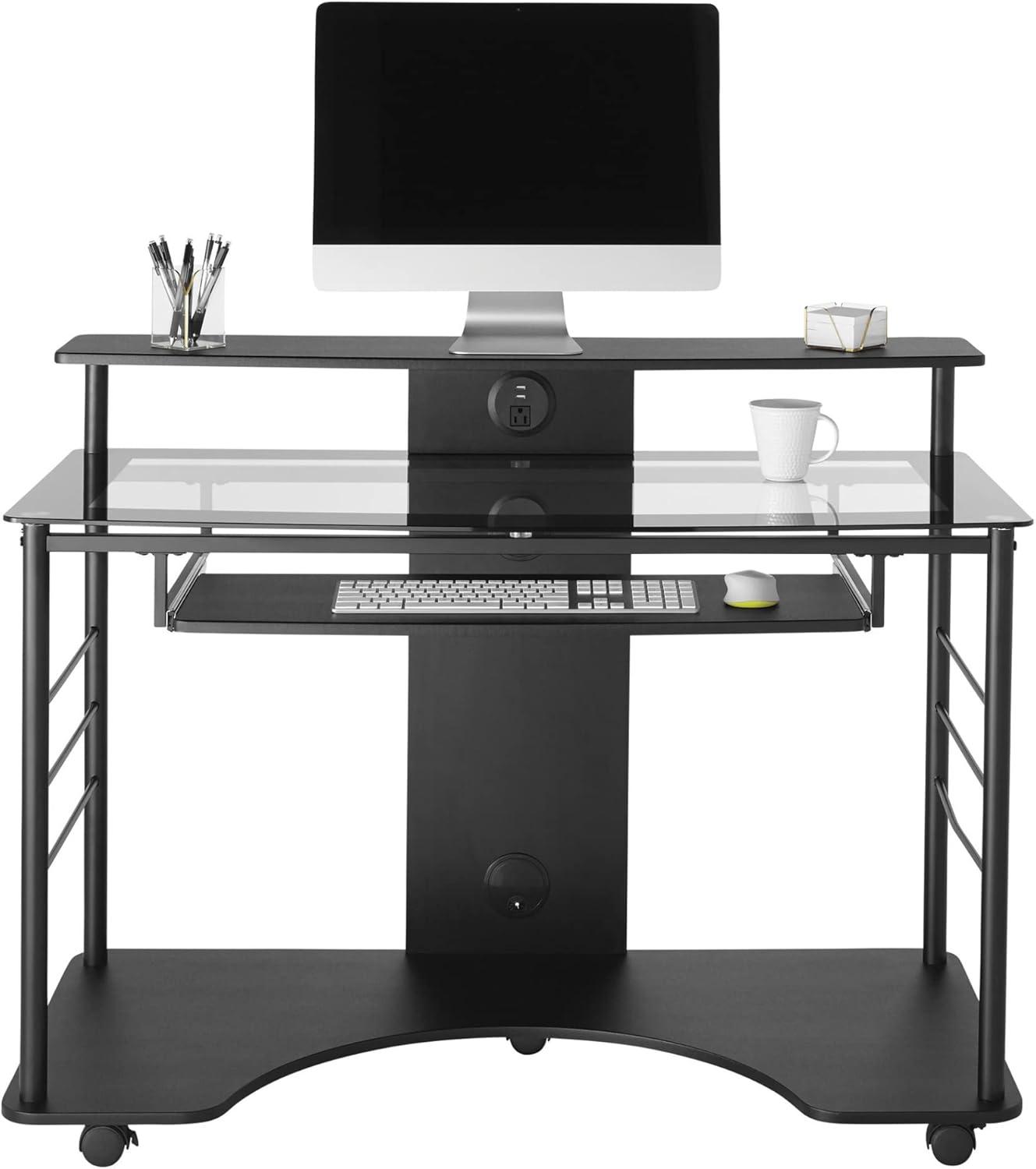 Black Glass Mobile Tech Desk with Power Outlet and USB Port