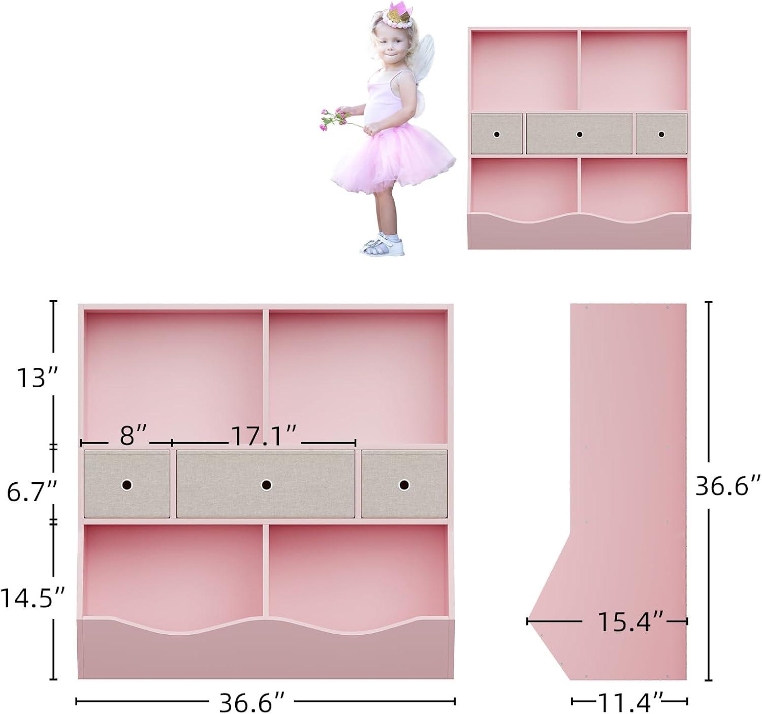 3-Tier Kids Bookshelf, Toy Storage Organizer with 3 Drawers,Wooden Bookcase with Large Toy Storage Cabinet for Playroom