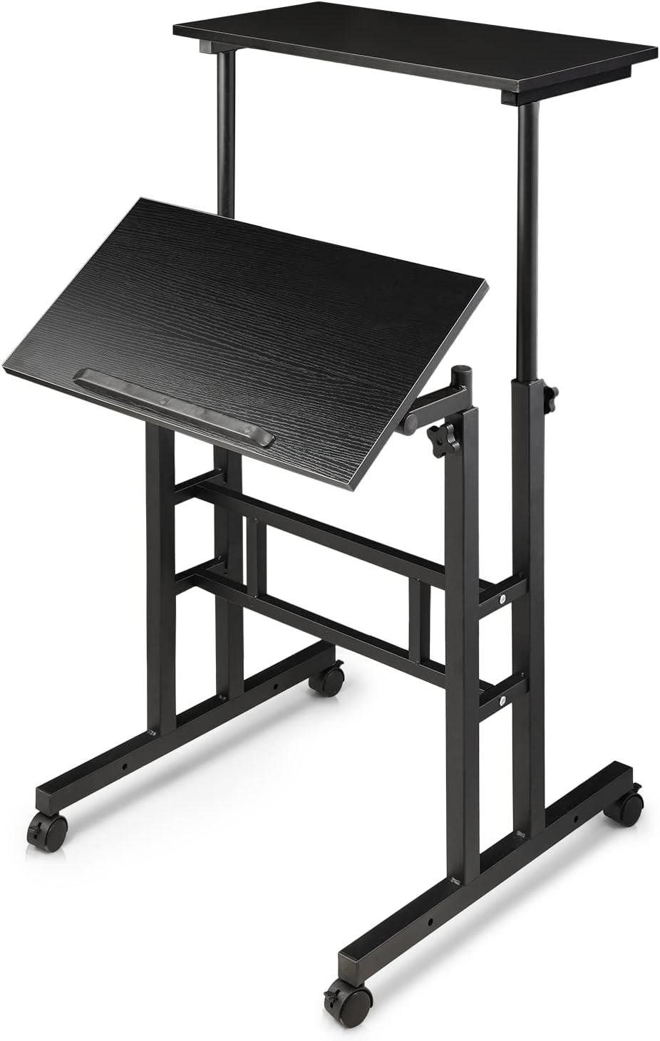 MoNiBloom Mobile Computer Desk, Adjustable Height Laptop Standing Desk with Tilting Tabletop and Monitor Shelf