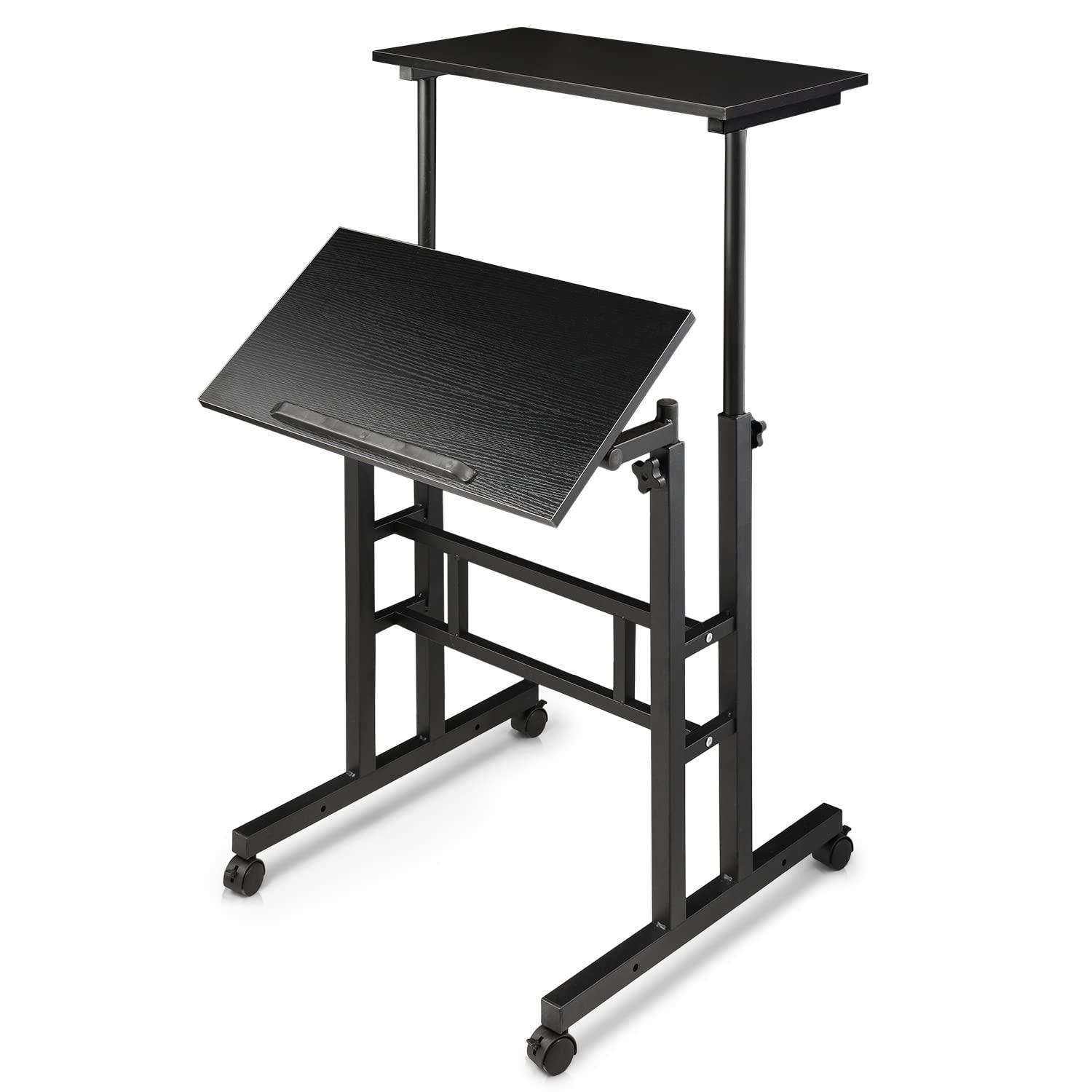 Inbox Zero Oziel Mobile Computer Desk, Adjustable Height Laptop Standing Desk with Tilting Tabletop and Monitor Shelf