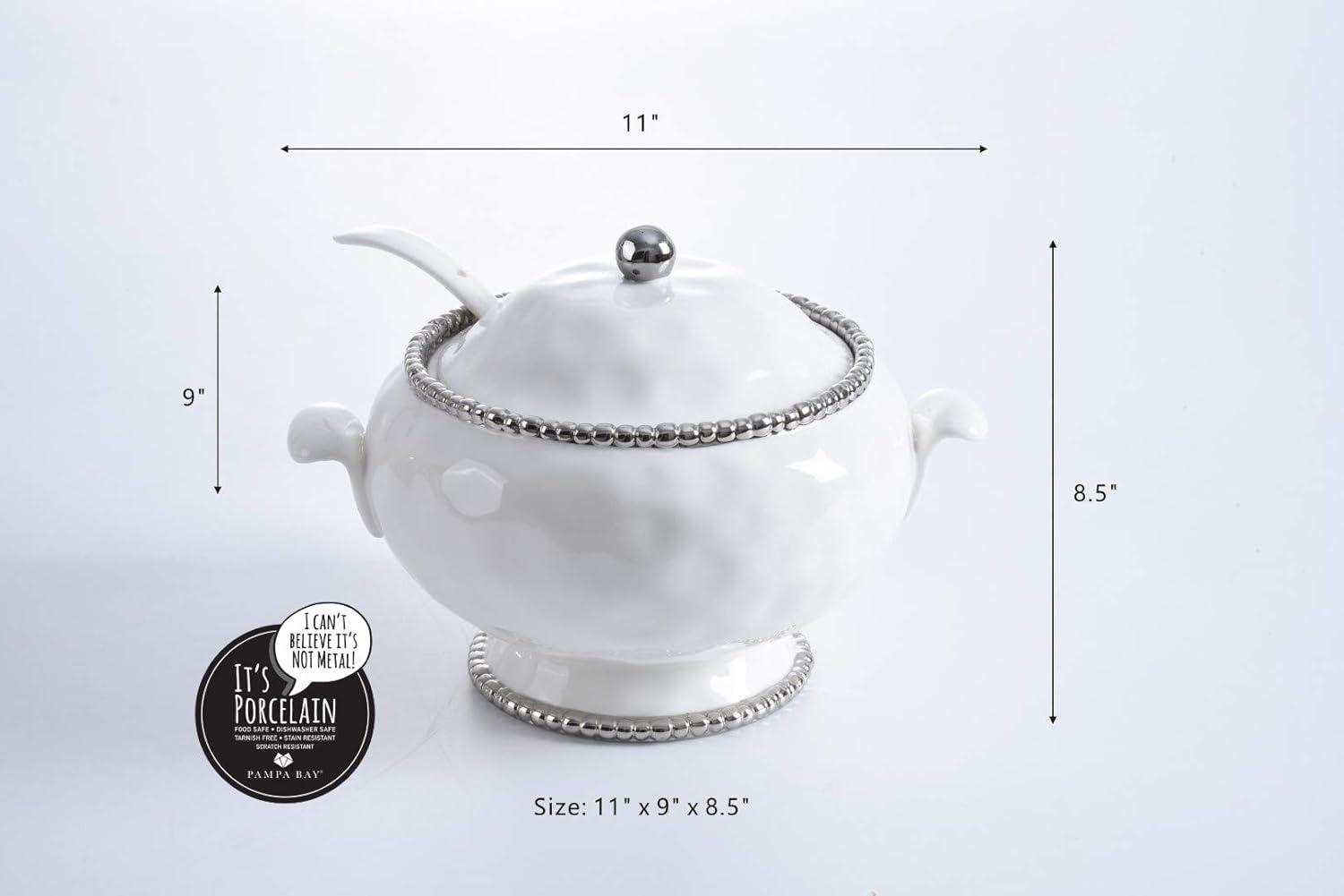 White and Silver Porcelain Soup Tureen with Ladle