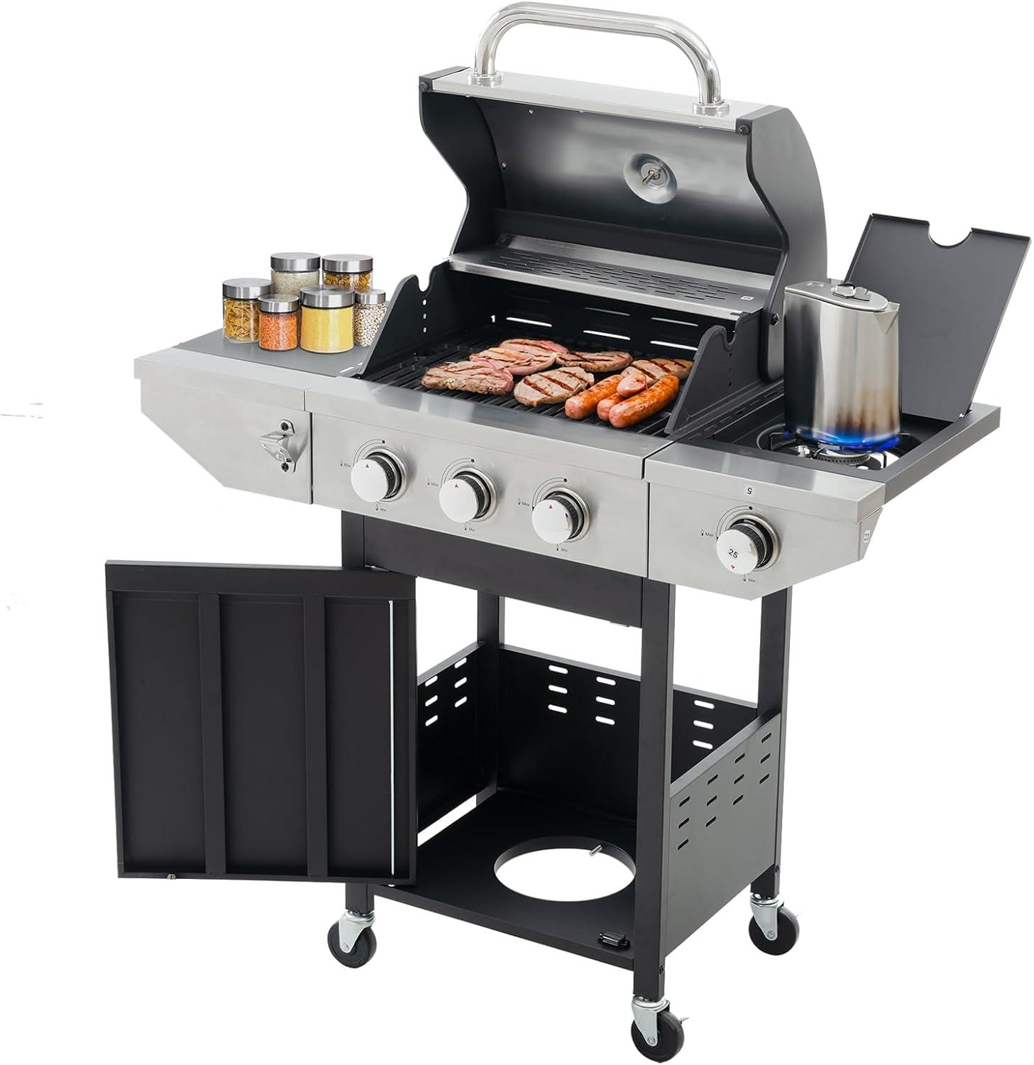 Stainless Steel 3-Burner Propane Gas Grill with Side Burner