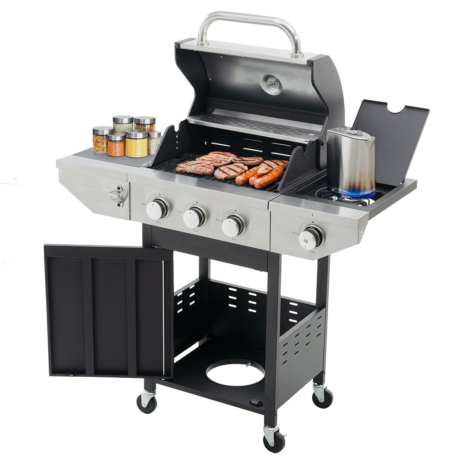 3-Burners Propane Gas Grill Outdoor with Side Burner & Thermometer, Stainless Steel Propane Grill for Outdoor BBQ and Camping, Patio Backyard Barbecue, 33950 BTU Output