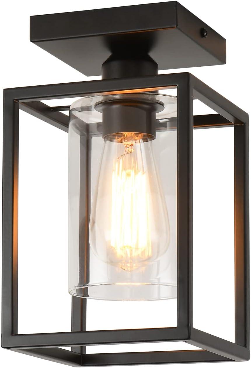 Black Metal Frame Semi-Flush Mount Ceiling Light with Clear Glass Shade