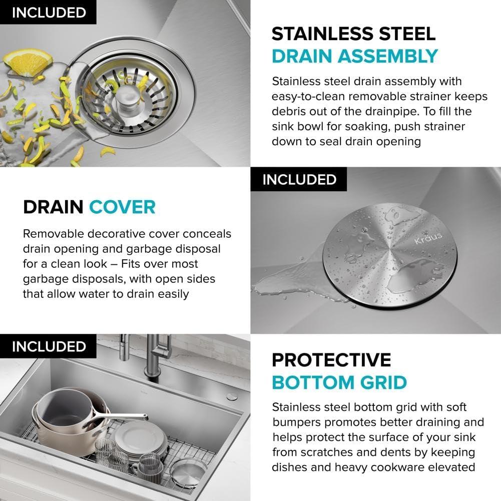 KRAUS Kore™ 30" L Drop-In Workstation 16 Gauge Stainless Steel Double Bowl Kitchen Sink with Accessories