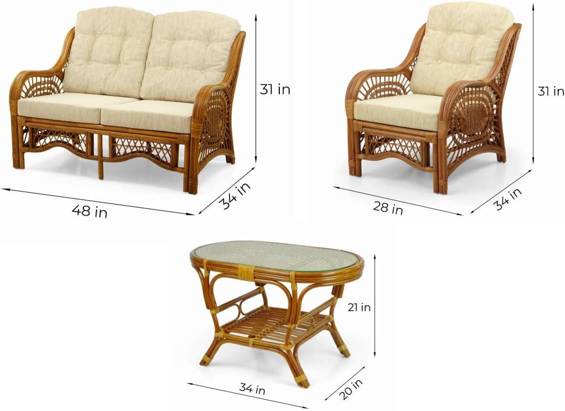Bay Isle Home™ Malibu Lounge Set Of 4: 2 Natural Rattan Wicker Chairs, Loveseat And Coffee Table W/Glass Handmade, Colonial