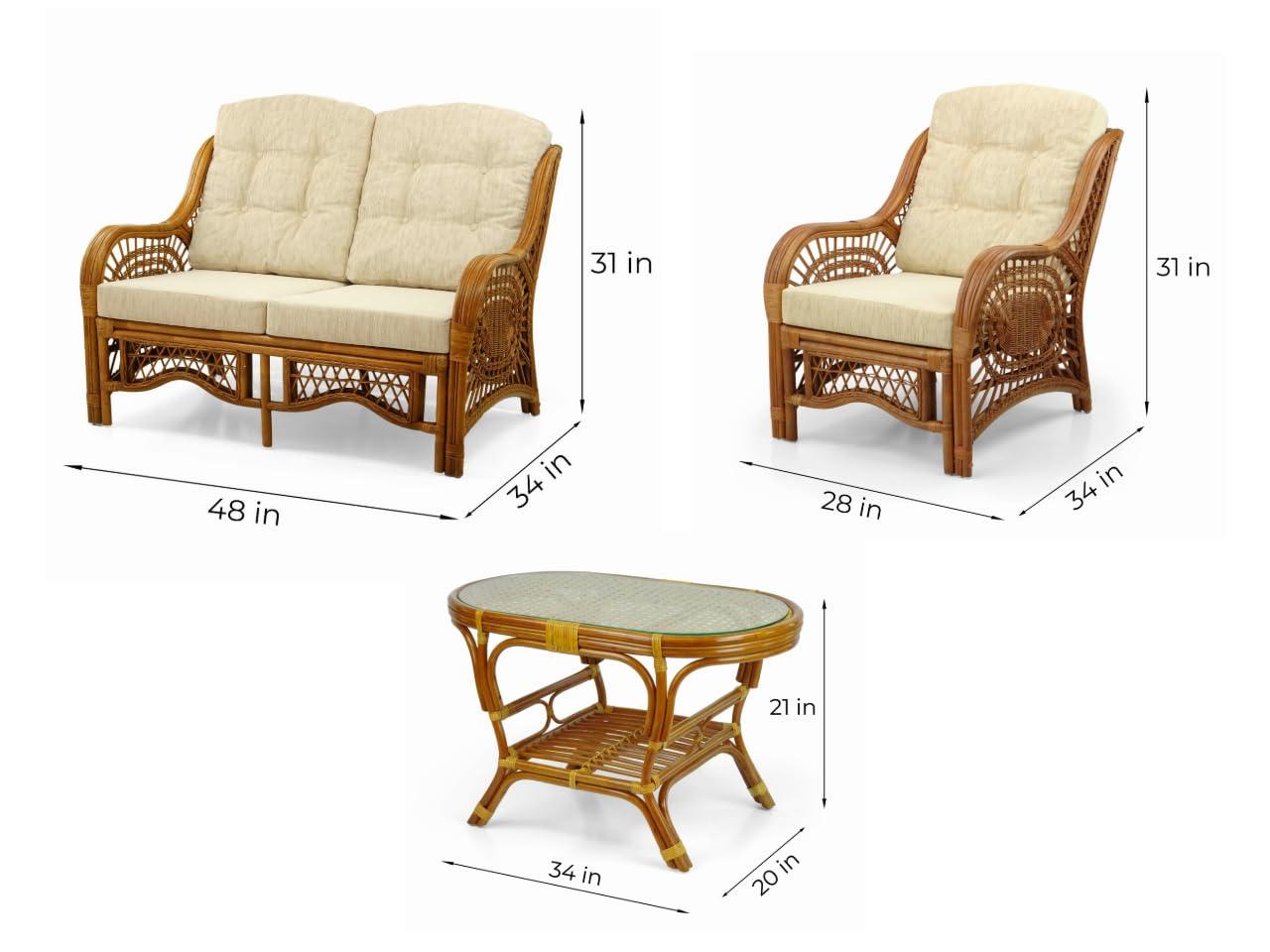 Bay Isle Home™ Malibu Lounge Set Of 4: 2 Natural Rattan Wicker Chairs, Loveseat And Coffee Table W/Glass Handmade, Colonial