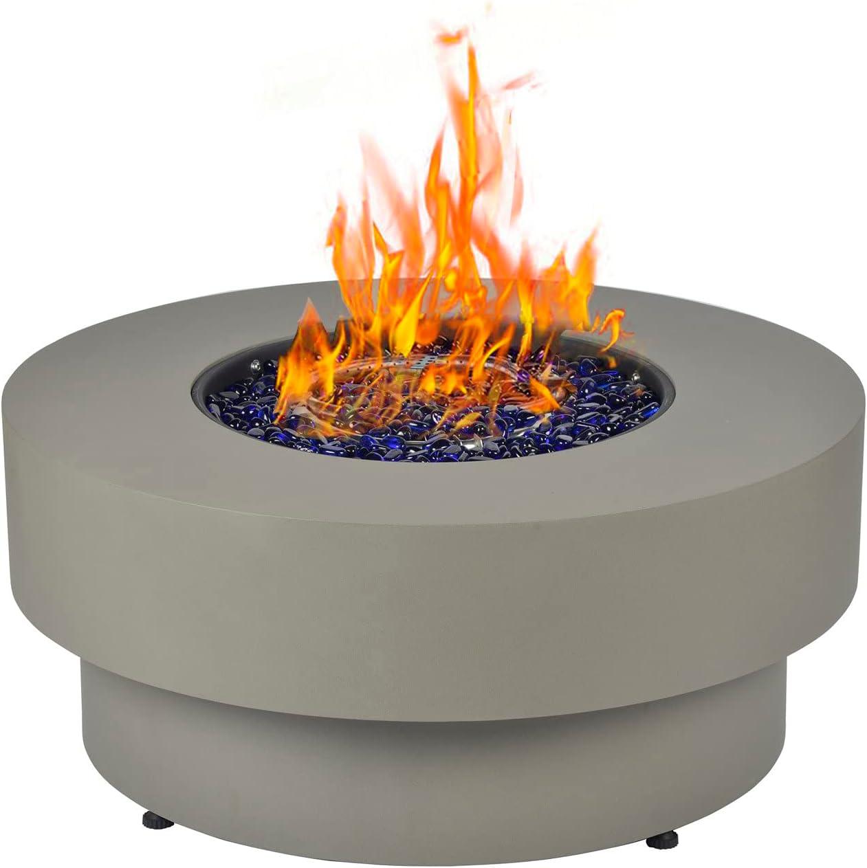 BAIDE HOME 32.5" Round Steel Low Profile Propane Fire Pit Table, 50,000 BTU Outdoor Gas Fire Pit with Lid, Glass Rocks, Cover, Pre-attached 10ft Propane Hose