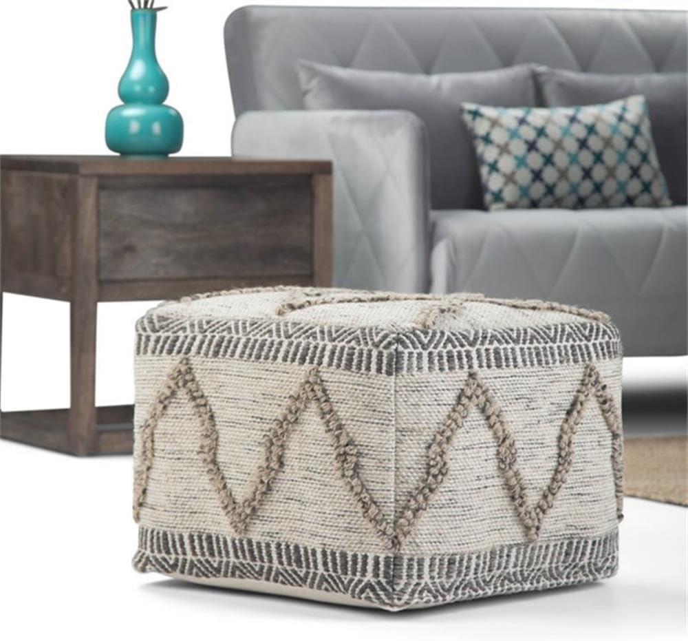 Simpli Home Sweeney Boho Square Pouf in Gray and Natural Handloom Woven Pattern