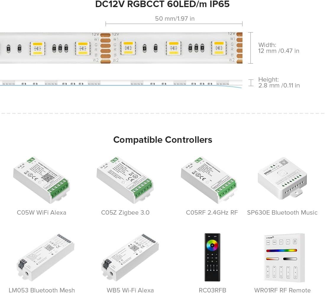 BTF-LIGHTING RGBCCT 5 Colors in 1 LED 5050SMD RGBWW RGB+Dimmable Tunable Color Temperature 2700K-6500K 16.4ft 60LEDs/m 300LEDs DC24V Multi-Colored Tape Lights IP30 White PCB(No Adapter or Controller)