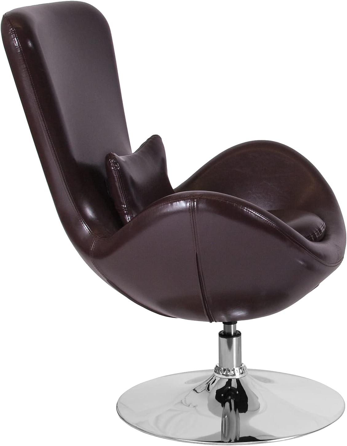 High Back Brown LeatherSoft Swivel Lounge Chair with Chrome Base