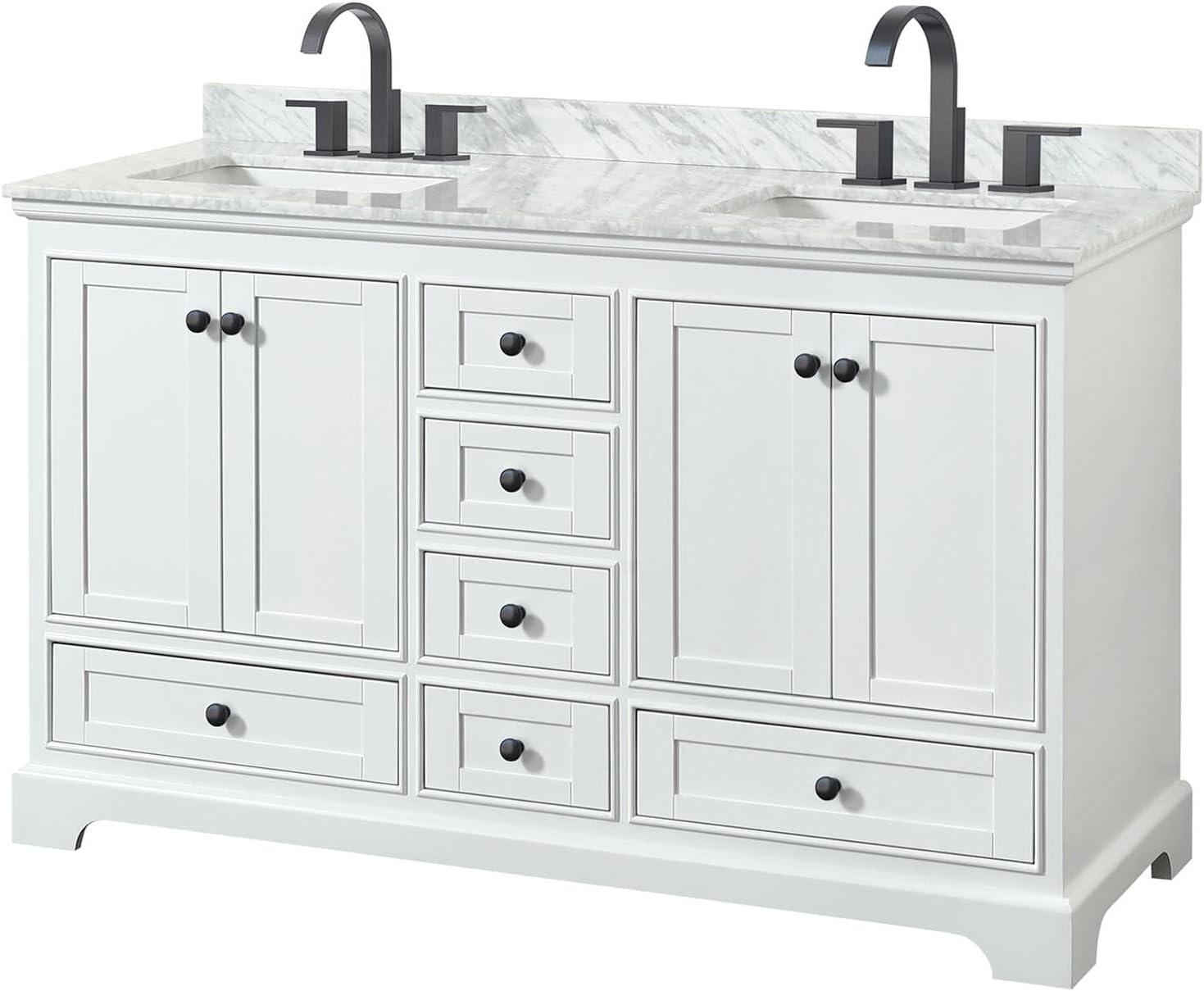 White Double Bathroom Vanity with Marble Countertop and Matte Black Trim