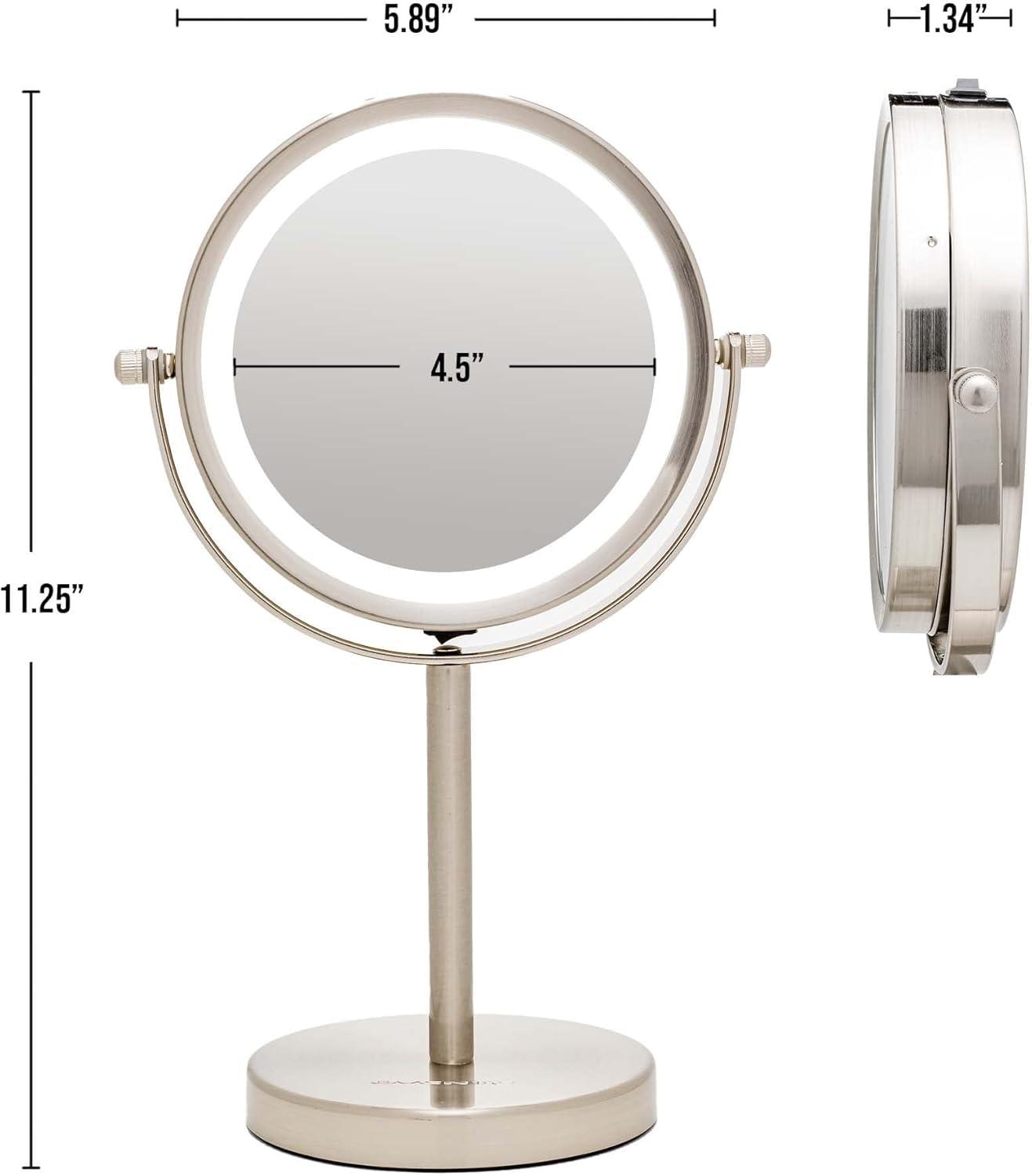 Ovente OVENTE 6" Lighted Makeup Mirror with 1X/7X Magnification, Cordless Tabletop Mount Vanity Round Mirror with 360° Swivel Design and Double Sided Cool Tone LED Ring Light, Nickel Brushed MLT60BR1X7X