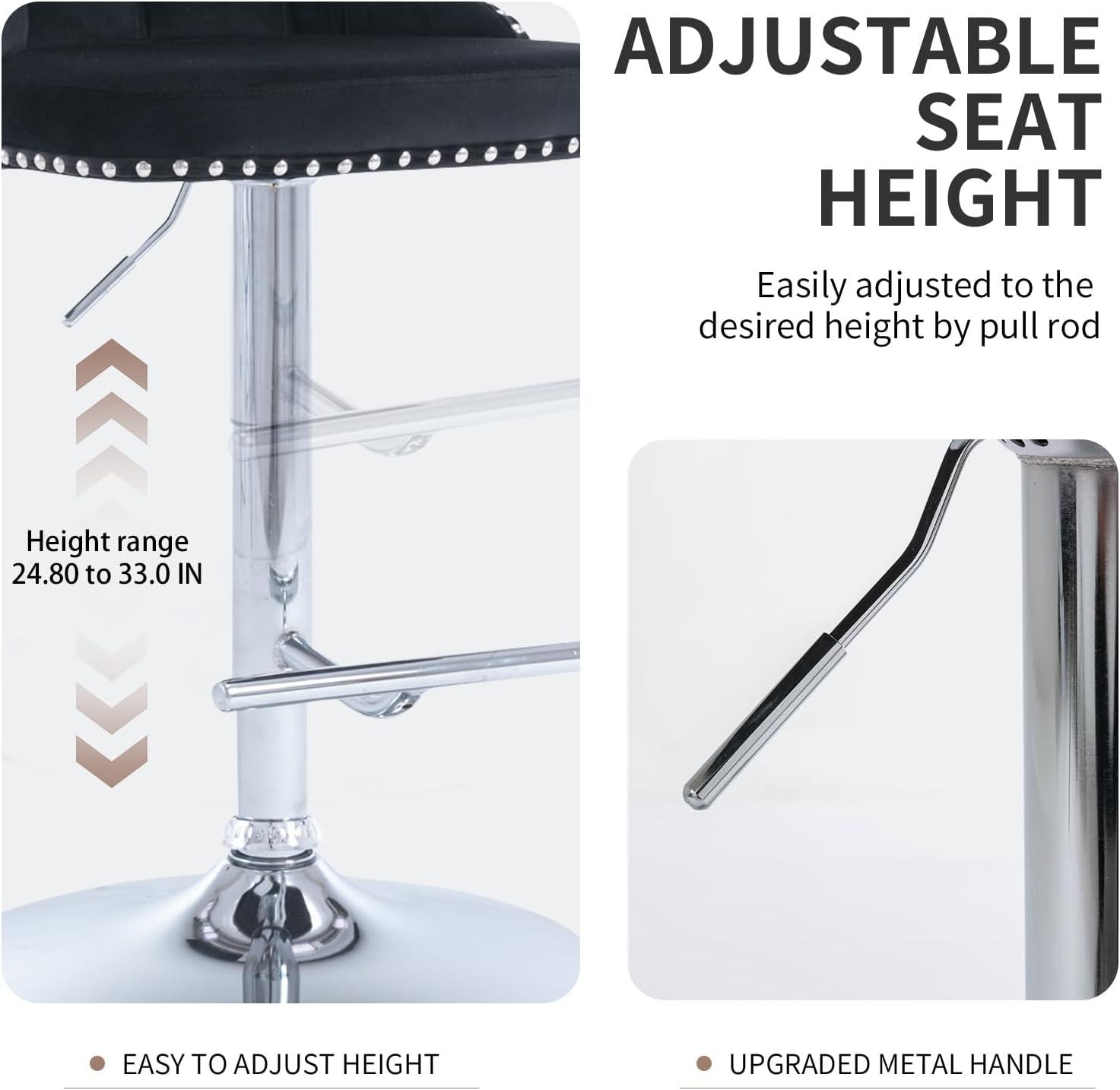 Swivel Barstools with High Back, 2pcs Velvet Bar Chairs with Button Tufted and Nailheads Trim, Counter Height Bar Stools for Home Bar Kitchen Island Cafe,Adjusatble Seat Height, Black+Silver
