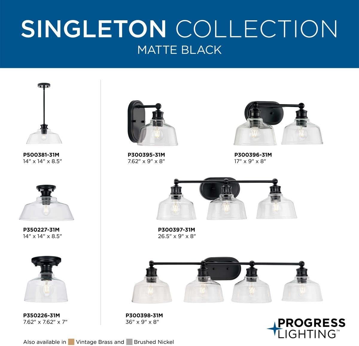 Progress Lighting Singleton 1-Light Vanity Fixture, Steel, Matte Black, Clear Glass Shade